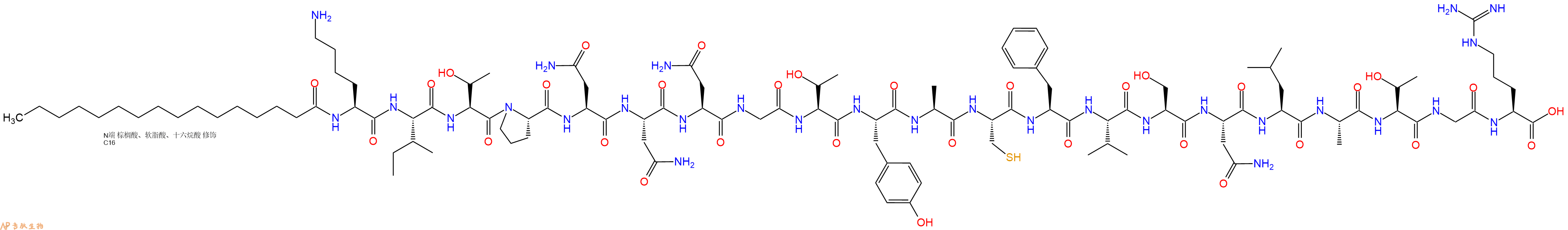 专肽生物产品Palmiticacid-Lys-Ile-Thr-Pro-Asn-Asn-Asn-Gly-Thr-Tyr-Ala-Cys-Phe-Val-Ser-Asn-Leu-Ala-Thr-Gly-Arg-OH