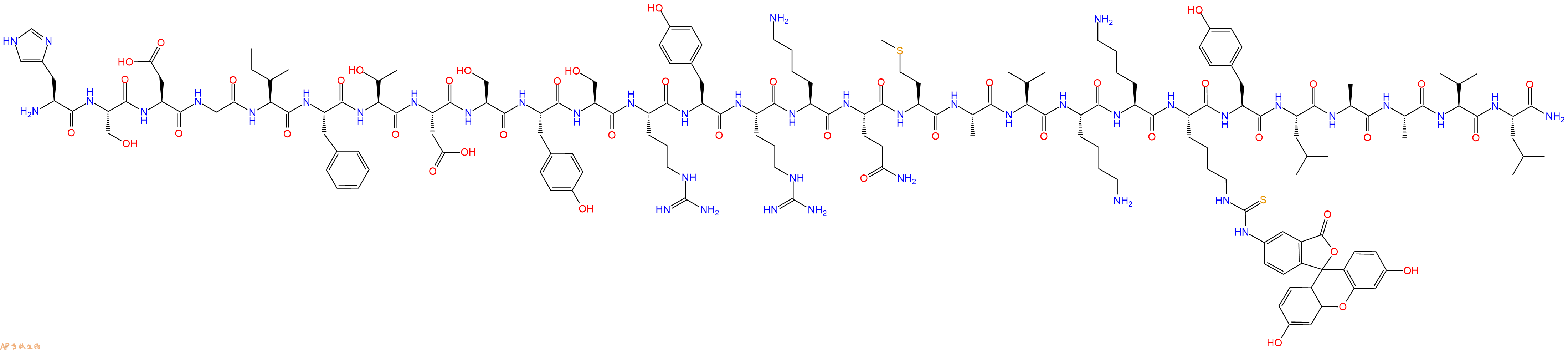 专肽生物产品H2N-His-Ser-Asp-Gly-Ile-Phe-Thr-Asp-Ser-Tyr-Ser-Arg-Tyr-Arg-Lys-Gln-Met-Ala-Val-Lys-Lys-Lys(FITC)-Tyr-Leu-Ala-Ala-Val-Leu-CONH2