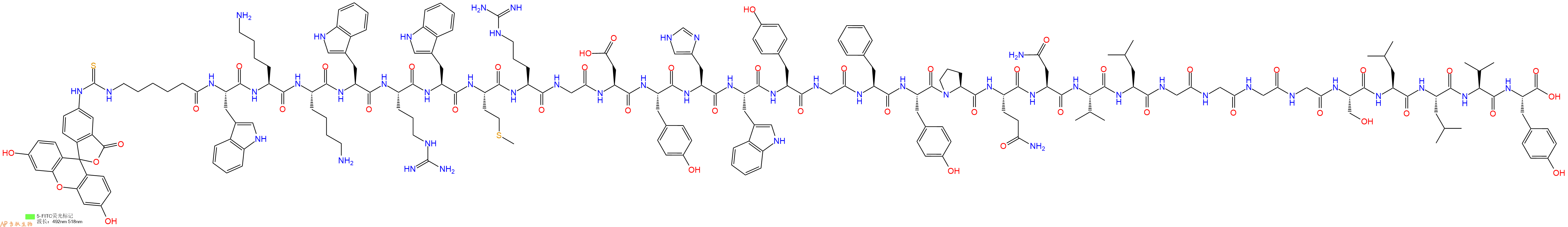 专肽生物产品5FITC-Ahx-Trp-Lys-Lys-Trp-Arg-Trp-Met-Arg-Gly-Asp-Tyr-His-Trp-Tyr-Gly-Phe-Tyr-Pro-Gln-Asn-Val-Leu-Gly-Gly-Gly-Gly-Ser-Leu-Leu-Val-Tyr-OH