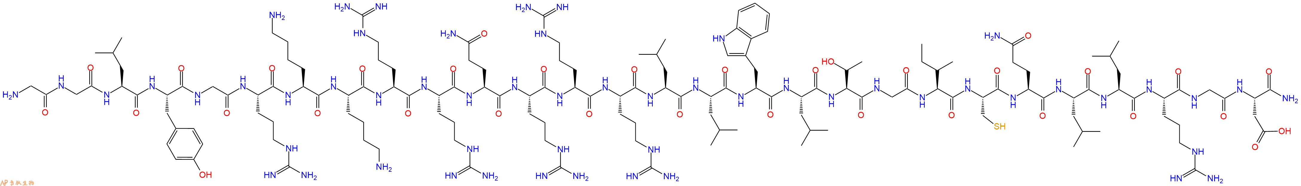 专肽生物产品H2N-Gly-Gly-Leu-Tyr-Gly-Arg-Lys-Lys-Arg-Arg-Gln-Arg-Arg-Arg-Leu-Leu-Trp-Leu-Thr-Gly-Ile-Cys-Gln-Leu-Leu-Arg-Gly-Asp-CONH2
