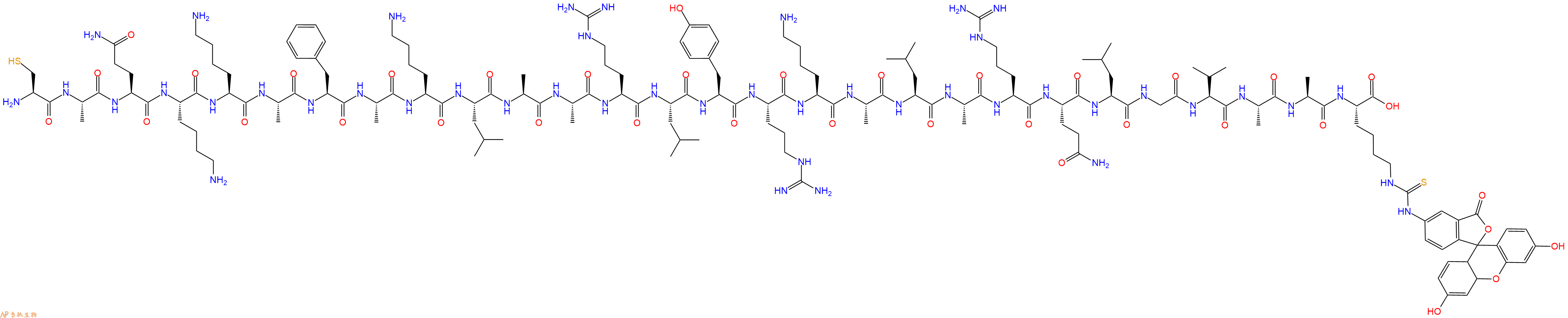 专肽生物产品H2N-Cys-Ala-Gln-Lys-Lys-Ala-Phe-Ala-Lys-Leu-Ala-Ala-Arg-Leu-Tyr-Arg-Lys-Ala-Leu-Ala-Arg-Gln-Leu-Gly-Val-Ala-Ala-Lys(FITC)-OH