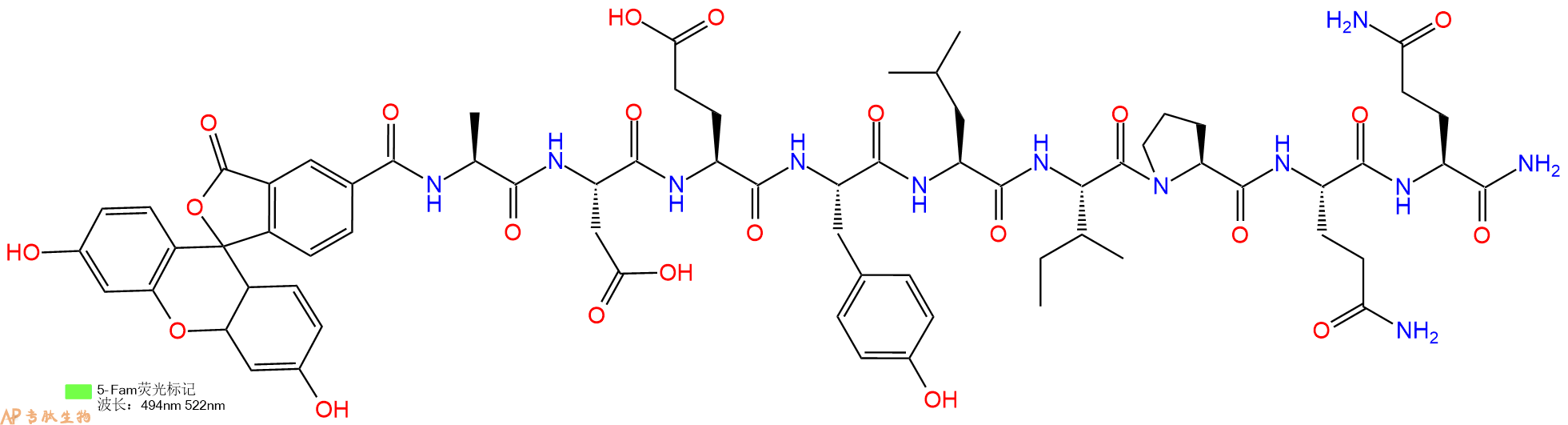 专肽生物产品5FAM-Ala-Asp-Glu-Tyr-Leu-Ile-Pro-Gln-Gln-CONH2