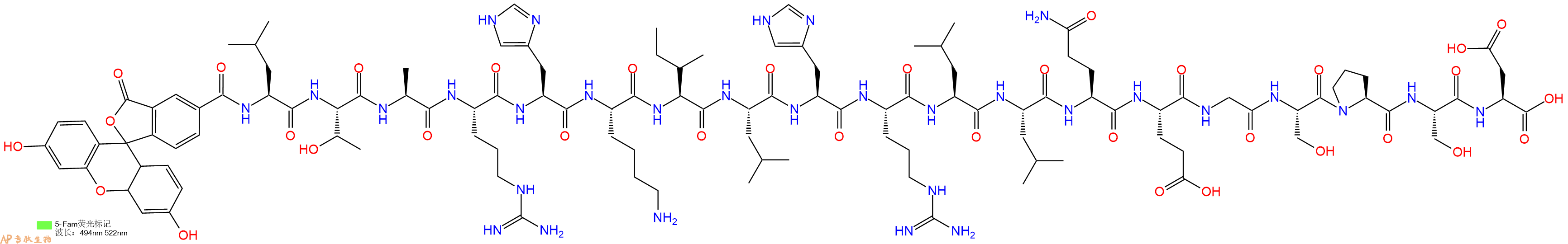 专肽生物产品5FAM-Leu-Thr-Ala-Arg-His-Lys-Ile-Leu-His-Arg-Leu-Leu-Gln-Glu-Gly-Ser-Pro-Ser-Asp-OH