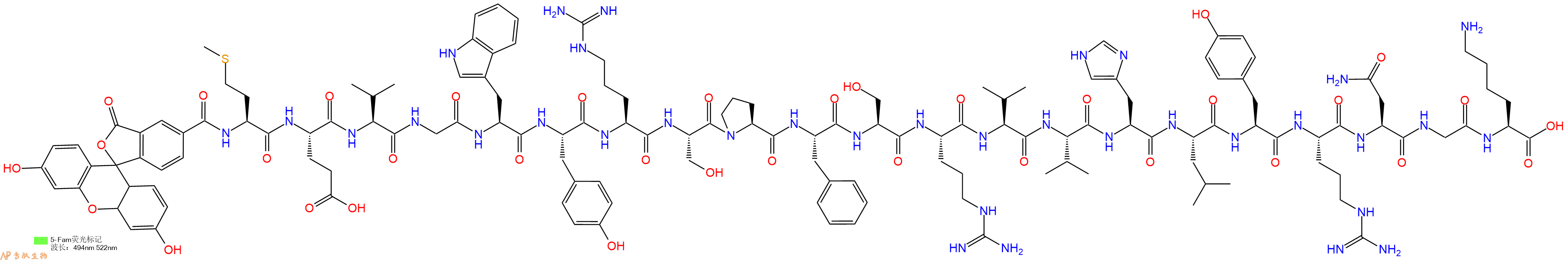 专肽生物产品5FAM-Met-Glu-Val-Gly-Trp-Tyr-Arg-Ser-Pro-Phe-Ser-Arg-Val-Val-His-Leu-Tyr-Arg-Asn-Gly-Lys-OH