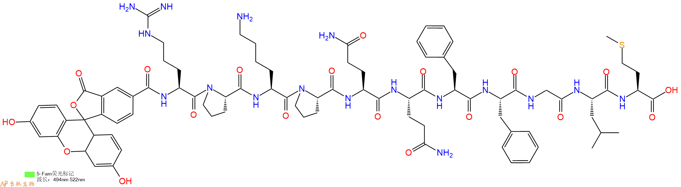 专肽生物产品5FAM-Arg-Pro-Lys-Pro-Gln-Gln-Phe-Phe-Gly-Leu-Met-OH