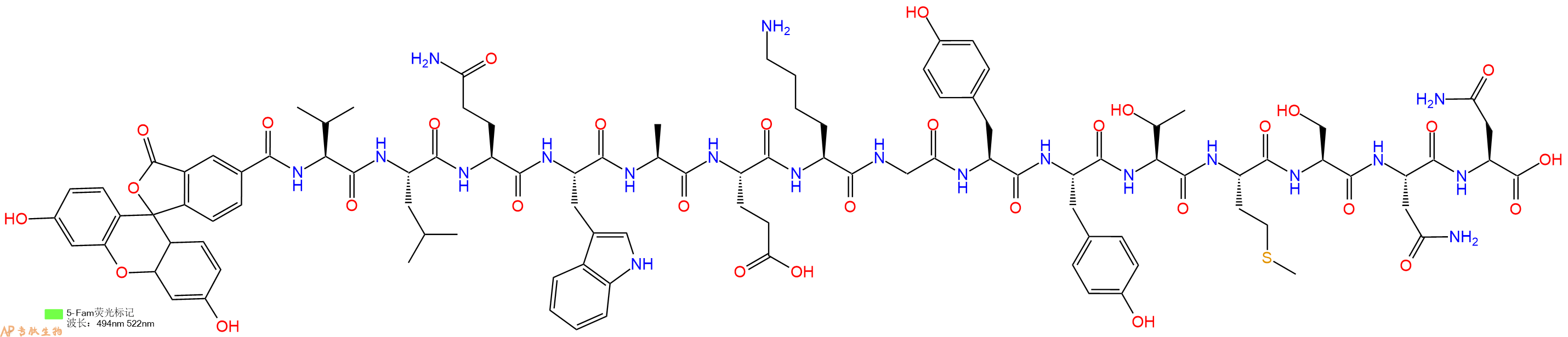 专肽生物产品5FAM-Val-Leu-Gln-Trp-Ala-Glu-Lys-Gly-Tyr-Tyr-Thr-Met-Ser-Asn-Asn-OH