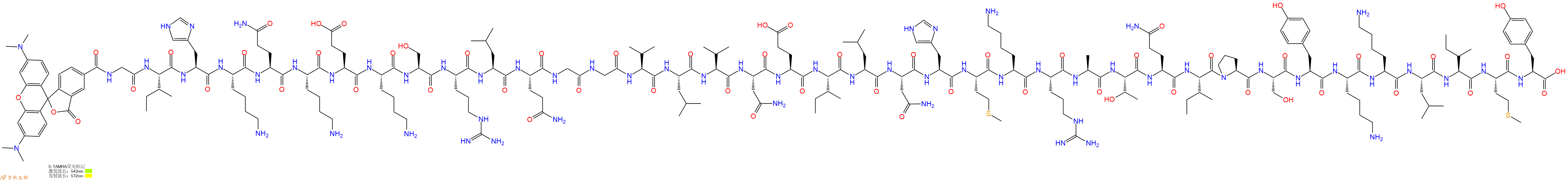 专肽生物产品5TAMRA-Gly-Ile-His-Lys-Gln-Lys-Glu-Lys-Ser-Arg-Leu-Gln-Gly-Gly-Val-Leu-Val-Asn-Glu-Ile-Leu-Asn-His-Met-Lys-Arg-Ala-Thr-Gln-Ile-Pro-Ser-Tyr-Lys-Lys-Leu-Ile-Met-Tyr-OH