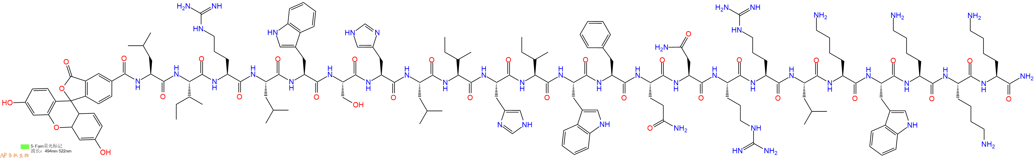 专肽生物产品5FAM-Leu-Ile-Arg-Leu-Trp-Ser-His-Leu-Ile-His-Ile-Trp-Phe-Gln-Asn-Arg-Arg-Leu-Lys-Trp-Lys-Lys-Lys-CONH2