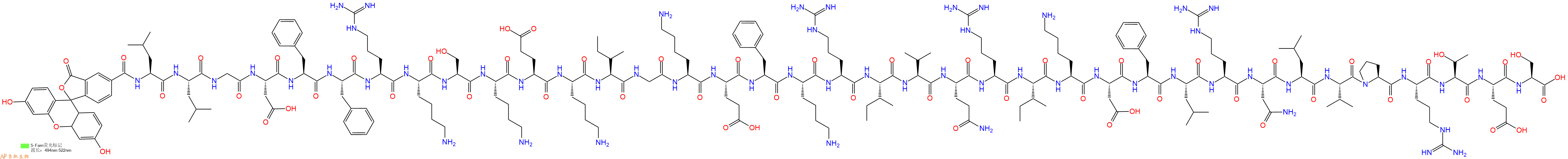专肽生物产品5FAM-Leu-Leu-Gly-Asp-Phe-Phe-Arg-Lys-Ser-Lys-Glu-Lys-Ile-Gly-Lys-Glu-Phe-Lys-Arg-Ile-Val-Gln-Arg-Ile-Lys-Asp-Phe-Leu-Arg-Asn-Leu-Val-Pro-Arg-Thr-Glu-Ser-OH