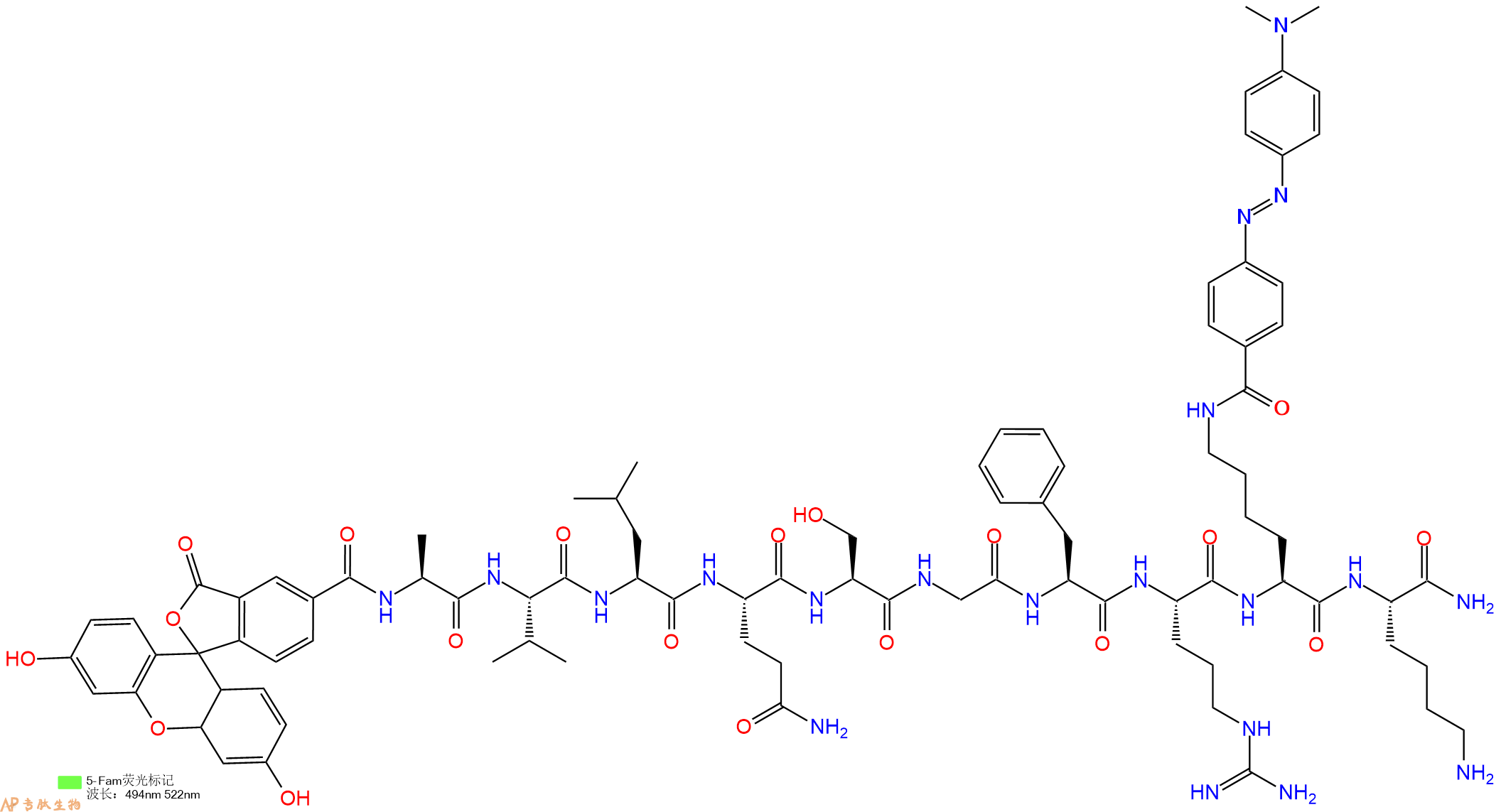 专肽生物产品5FAM-Ala-Val-Leu-Gln-Ser-Gly-Phe-Arg-Lys(Dabcyl)-Lys-CONH2