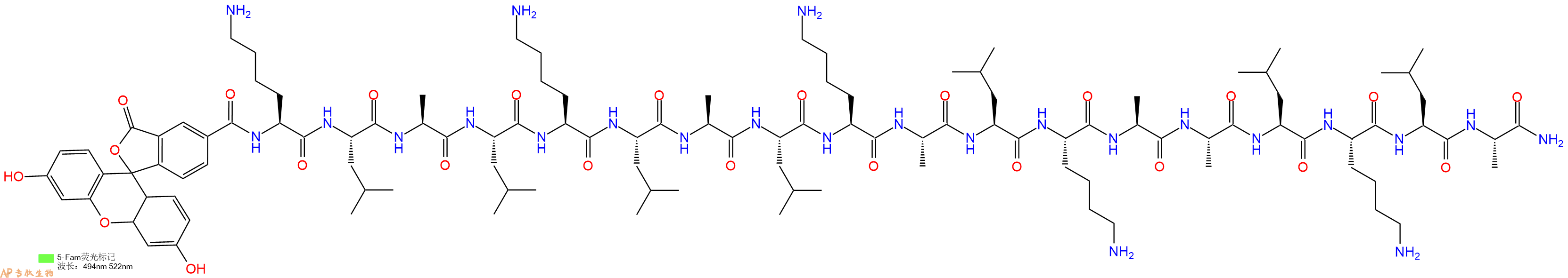 专肽生物产品5FAM-Lys-Leu-Ala-Leu-Lys-Leu-Ala-Leu-Lys-Ala-Leu-Lys-Ala-Ala-Leu-Lys-Leu-Ala-CONH2