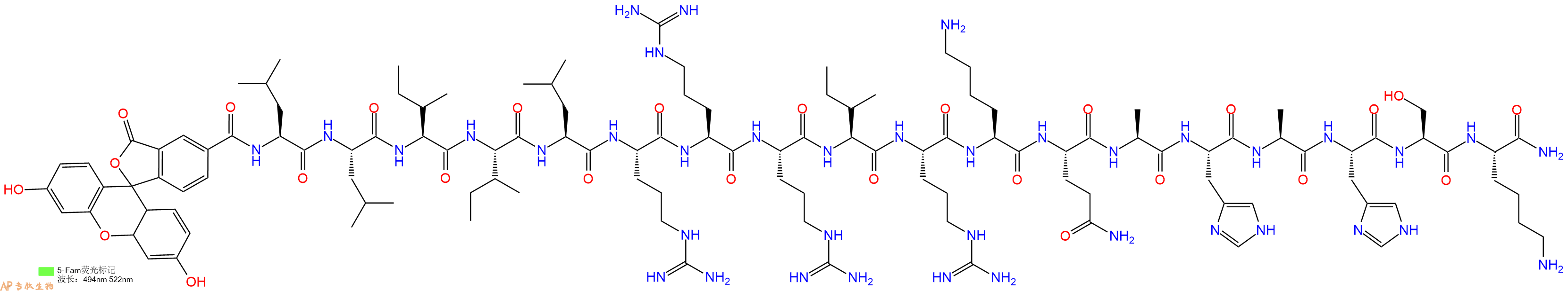 专肽生物产品5FAM-Leu-Leu-Ile-Ile-Leu-Arg-Arg-Arg-Ile-Arg-Lys-Gln-Ala-His-Ala-His-Ser-Lys-CONH2