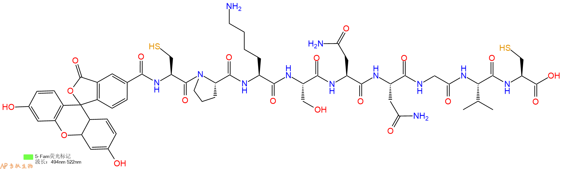 专肽生物产品5FAM-Cys-Pro-Lys-Ser-Asn-Asn-Gly-Val-Cys-OH