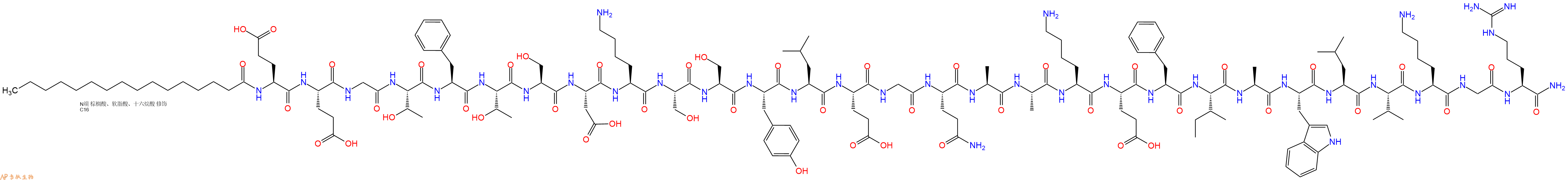 专肽生物产品Palmiticacid-Glu-Glu-Gly-Thr-Phe-Thr-Ser-Asp-Lys-Ser-Ser-Tyr-Leu-Glu-Gly-Gln-Ala-Ala-Lys-Glu-Phe-Ile-Ala-Trp-Leu-Val-Lys-Gly-Arg-CONH2