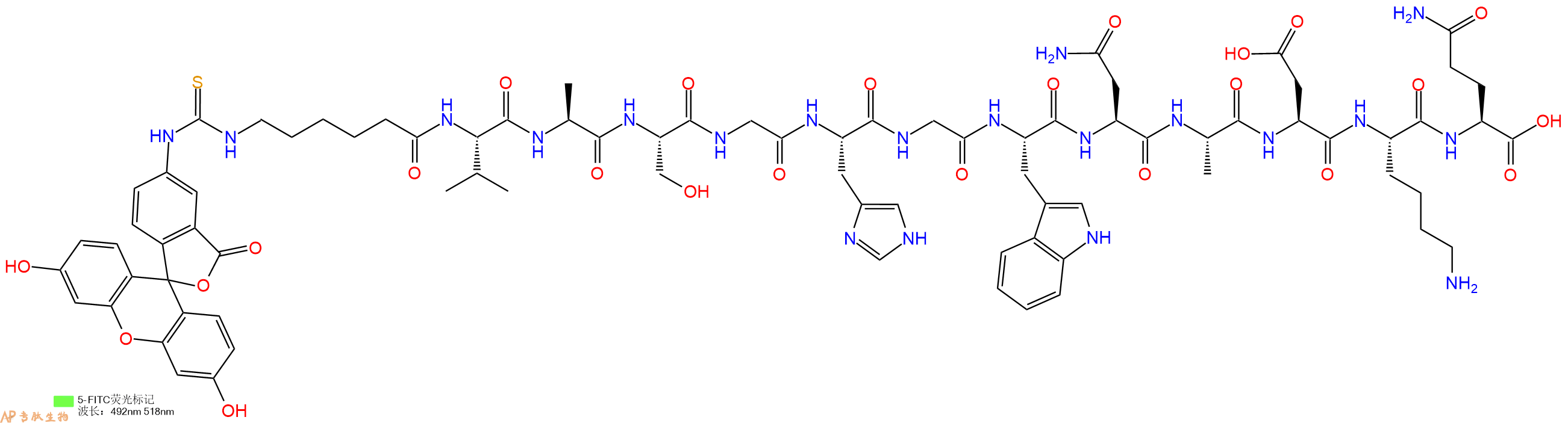 专肽生物产品5FITC-Ahx-Val-Ala-Ser-Gly-His-Gly-Trp-Asn-Ala-Asp-Lys-Gln-OH