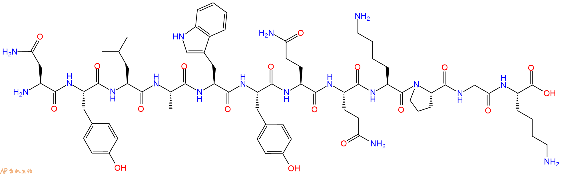 专肽生物产品H2N-Asn-Tyr-Leu-Ala-Trp-Tyr-Gln-Gln-Lys-Pro-Gly-Lys-OH