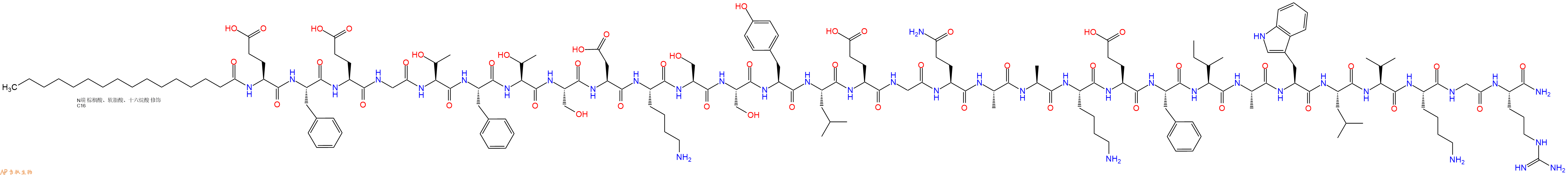 专肽生物产品Palmiticacid-Glu-Phe-Glu-Gly-Thr-Phe-Thr-Ser-Asp-Lys-Ser-Ser-Tyr-Leu-Glu-Gly-Gln-Ala-Ala-Lys-Glu-Phe-Ile-Ala-Trp-Leu-Val-Lys-Gly-Arg-CONH2