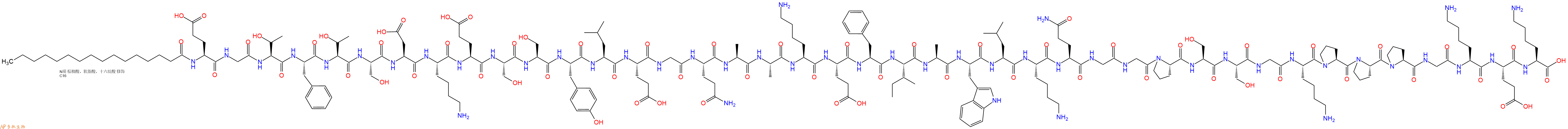 专肽生物产品Palmiticacid-Glu-Gly-Thr-Phe-Thr-Ser-Asp-Lys-Glu-Ser-Ser-Tyr-Leu-Glu-Gly-Gln-Ala-Ala-Lys-Glu-Phe-Ile-Ala-Trp-Leu-Lys-Gln-Gly-Gly-Pro-Ser-Ser-Gly-Lys-Pro-Pro-Pro-Gly-Lys-Glu-Lys-OH