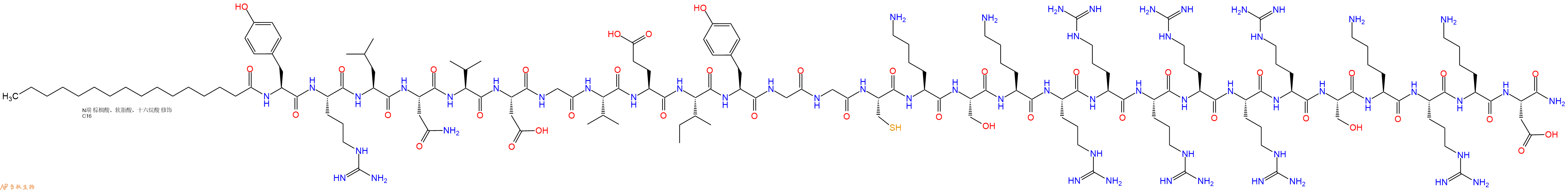 专肽生物产品Palmiticacid-Tyr-Arg-Leu-Asn-Val-Asp-Gly-Val-Glu-Ile-Tyr-Gly-Gly-Cys-Lys-Ser-Lys-Arg-Arg-Arg-Arg-Arg-Arg-Ser-Lys-Arg-Lys-Asp-CONH2