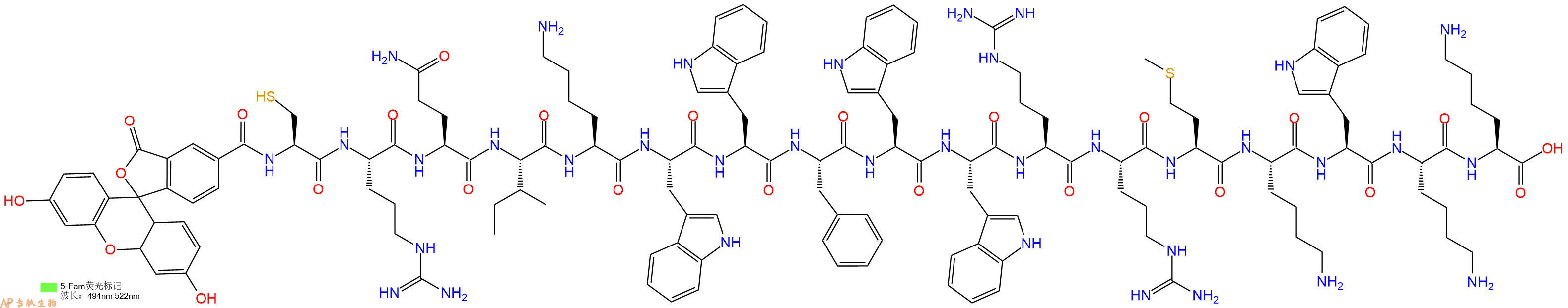 专肽生物产品5FAM-Cys-Arg-Gln-Ile-Lys-Trp-Trp-Phe-Trp-Trp-Arg-Arg-Met-Lys-Trp-Lys-Lys-OH