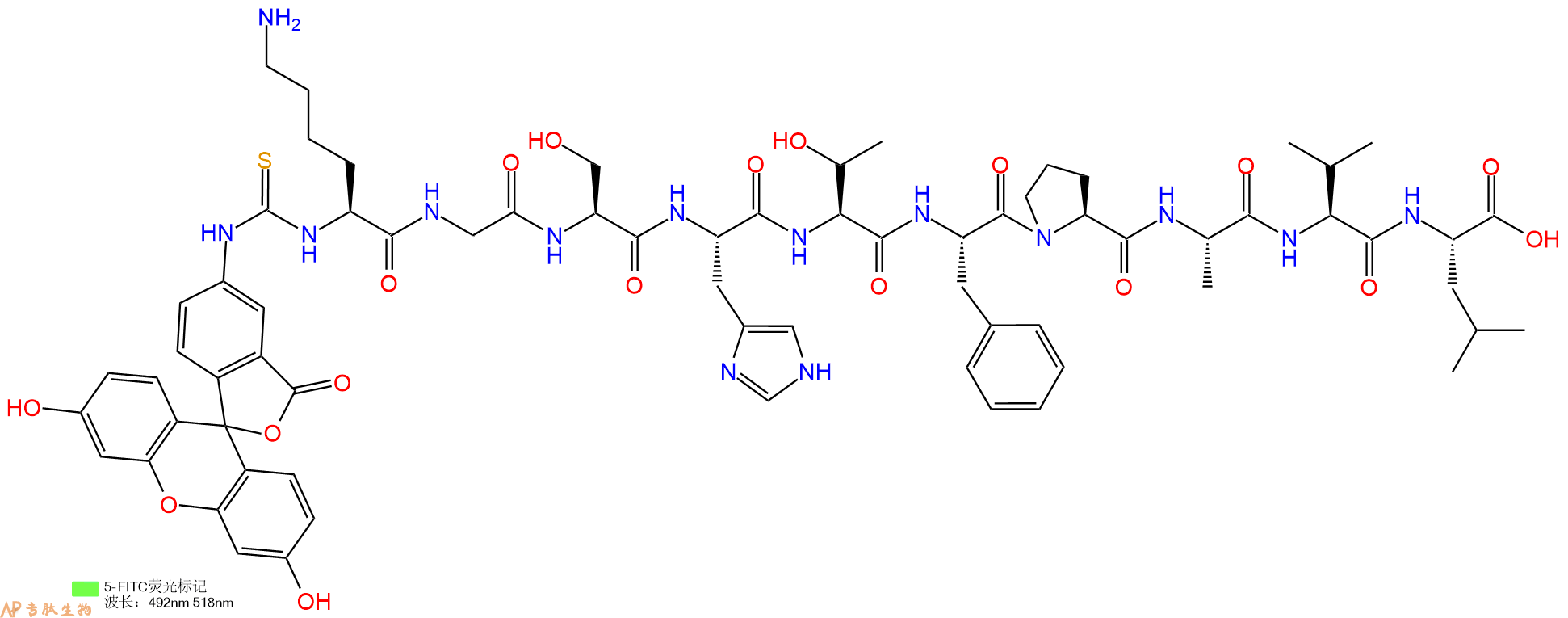 专肽生物产品5FITC-Lys-Gly-Ser-His-Thr-Phe-Pro-Ala-Val-Leu-OH
