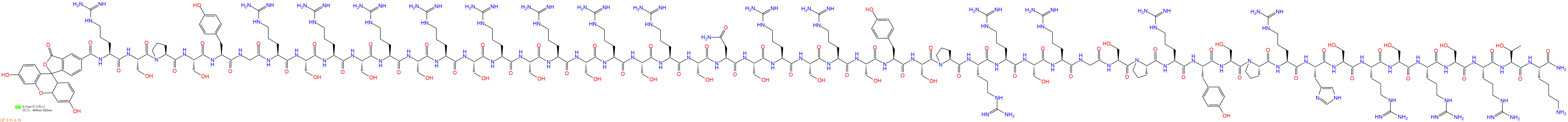 专肽生物产品5FAM-Arg-Ser-Pro-Ser-Tyr-Gly-Arg-Ser-Arg-Ser-Arg-Ser-Arg-Ser-Arg-Ser-Arg-Ser-Arg-Ser-Arg-Ser-Asn-Ser-Arg-Ser-Arg-Ser-Tyr-Ser-Pro-Arg-Arg-Ser-Arg-Gly-Ser-Pro-Arg-Tyr-Ser-Pro-Arg-His-Ser-Arg-Ser-Arg-Ser-Arg-Thr-Lys-CONH2