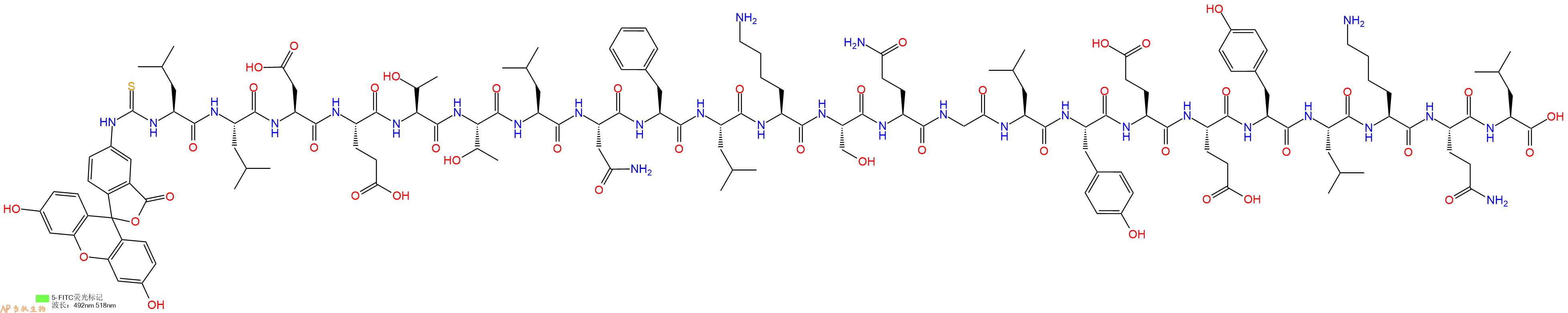 专肽生物产品5FITC-Leu-Leu-Asp-Glu-Thr-Thr-Leu-Asn-Phe-Leu-Lys-Ser-Gln-Gly-Leu-Tyr-Glu-Glu-Tyr-Leu-Lys-Gln-Leu-OH