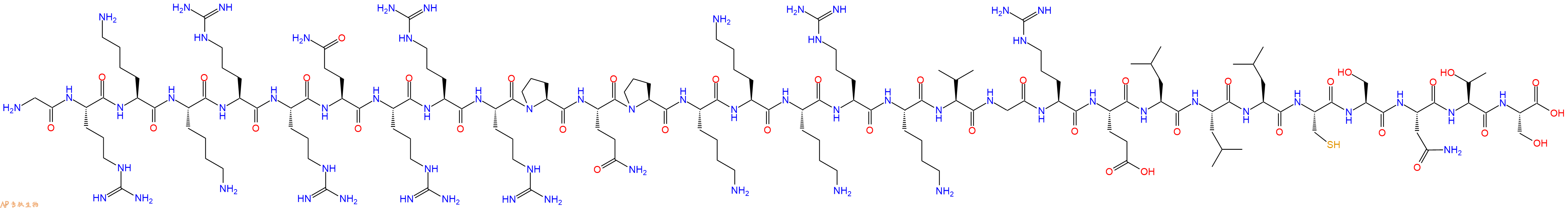 专肽生物产品H2N-Gly-Arg-Lys-Lys-Arg-Arg-Gln-Arg-Arg-Arg-Pro-Gln-Pro-Lys-Lys-Lys-Arg-Lys-Val-Gly-Arg-Glu-Leu-Leu-Leu-Cys-Ser-Asn-Thr-Ser-OH