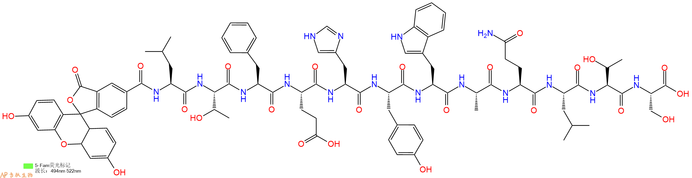 专肽生物产品5FAM-Leu-Thr-Phe-Glu-His-Tyr-Trp-Ala-Gln-Leu-Thr-Ser-OH