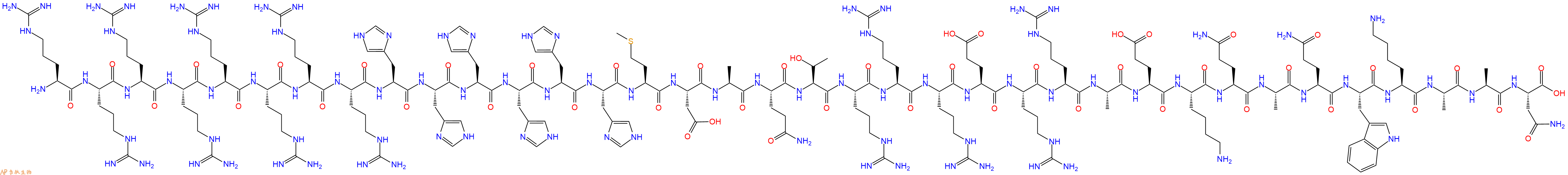 专肽生物产品H2N-Arg-Arg-Arg-Arg-Arg-Arg-Arg-Arg-His-His-His-His-His-His-Met-Asp-Ala-Gln-Thr-Arg-Arg-Arg-Glu-Arg-Arg-Ala-Glu-Lys-Gln-Ala-Gln-Trp-Lys-Ala-Ala-Asn-OH