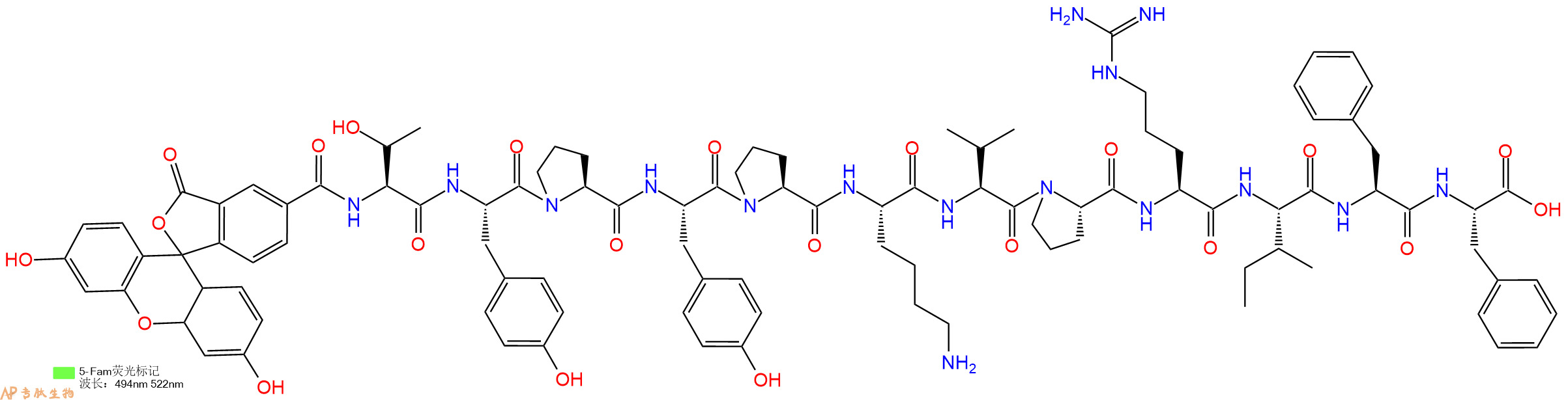 专肽生物产品5FAM-Thr-Tyr-Pro-Tyr-Pro-Lys-Val-Pro-Arg-Ile-Phe-Phe-OH