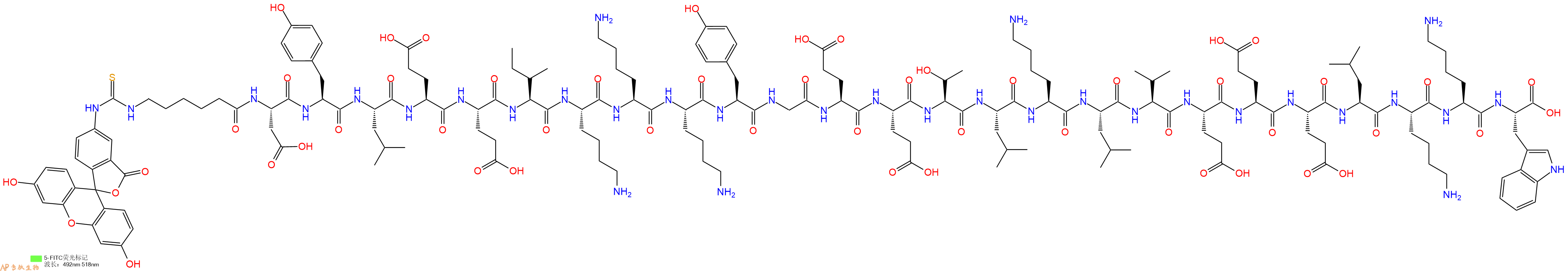 专肽生物产品5FITC-Ahx-Asp-Tyr-Leu-Glu-Glu-Ile-Lys-Lys-Lys-Tyr-Gly-Glu-Glu-Thr-Leu-Lys-Leu-Val-Glu-Glu-Glu-Leu-Lys-Lys-Trp-OH