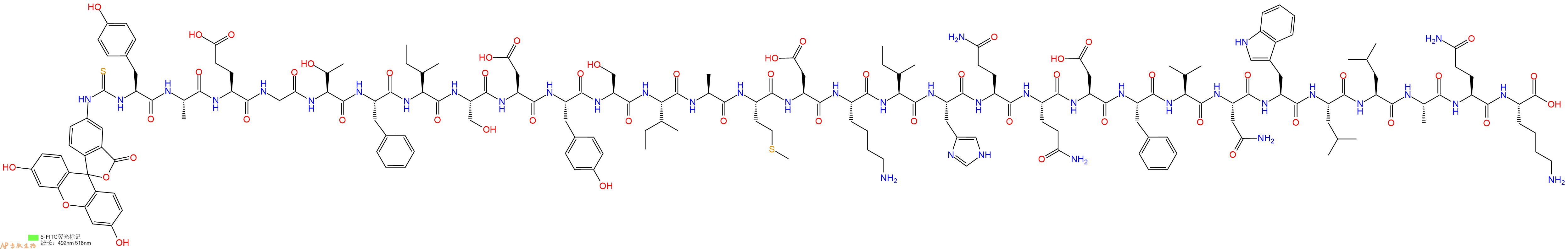 专肽生物产品5FITC-Tyr-Ala-Glu-Gly-Thr-Phe-Ile-Ser-Asp-Tyr-Ser-Ile-Ala-Met-Asp-Lys-Ile-His-Gln-Gln-Asp-Phe-Val-Asn-Trp-Leu-Leu-Ala-Gln-Lys-OH