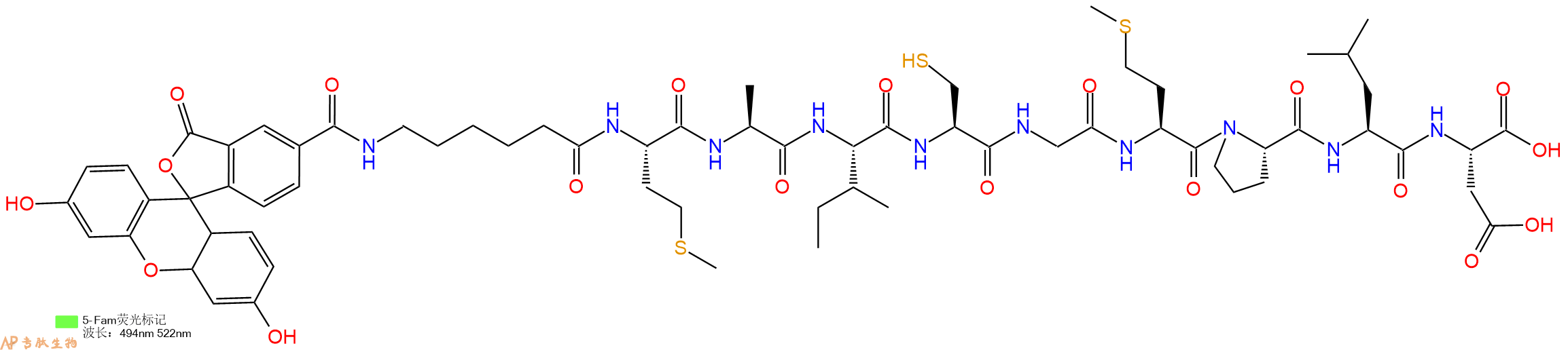 专肽生物产品5FAM-Ahx-Met-Ala-Ile-Cys-Gly-Met-Pro-Leu-Asp-OH