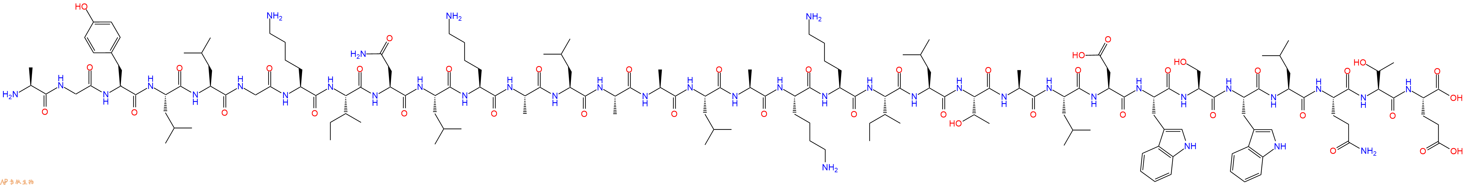 专肽生物产品H2N-Ala-Gly-Tyr-Leu-Leu-Gly-Lys-Ile-Asn-Leu-Lys-Ala-Leu-Ala-Ala-Leu-Ala-Lys-Lys-Ile-Leu-Thr-Ala-Leu-Asp-Trp-Ser-Trp-Leu-Gln-Thr-Glu-OH