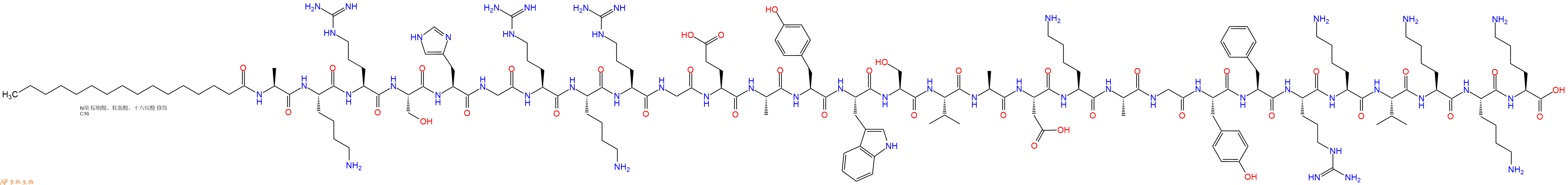 专肽生物产品Palmitoyl-Ala-Lys-Arg-Ser-His-Gly-Arg-Lys-Arg-Gly-Glu-Ala-Tyr-Trp-Ser-Val-Ala-Asp-Lys-Ala-Gly-Tyr-Phe-Arg-Lys-Val-Lys-Lys-Lys-OH