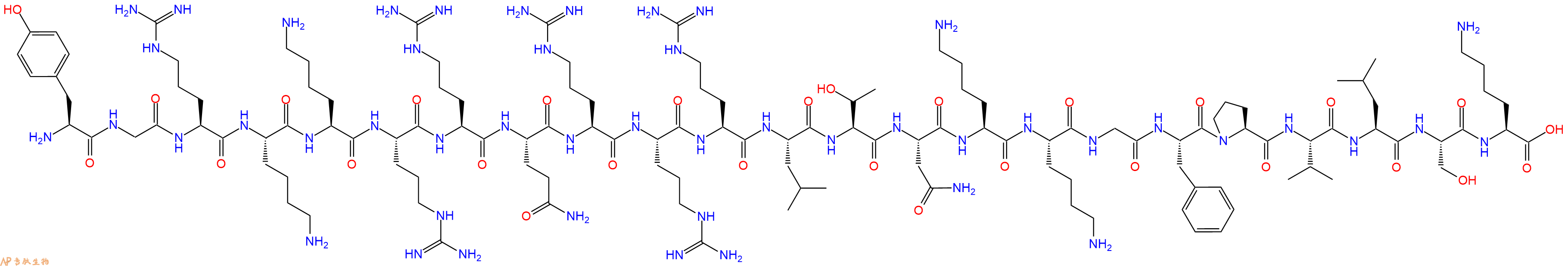 专肽生物产品H2N-Tyr-Gly-Arg-Lys-Lys-Arg-Arg-Gln-Arg-Arg-Arg-Leu-Thr-Asn-Lys-Lys-Gly-Phe-Pro-Val-Leu-Ser-Lys-OH