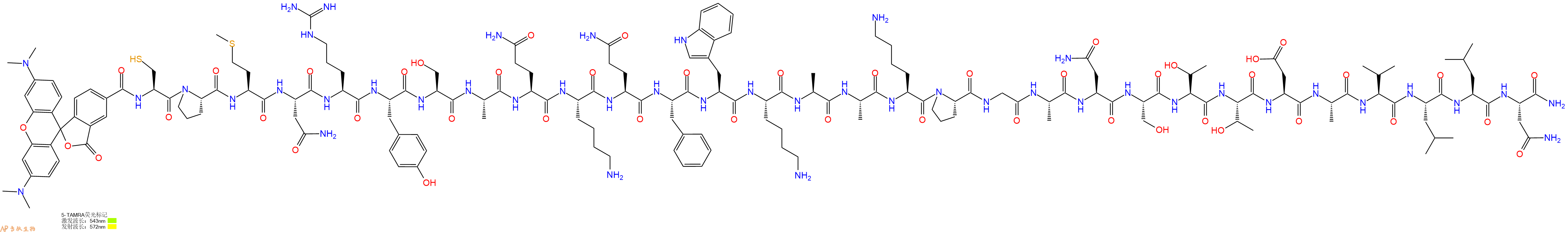 专肽生物产品5TAMRA-Cys-Pro-Met-Asn-Arg-Tyr-Ser-Ala-Gln-Lys-Gln-Phe-Trp-Lys-Ala-Ala-Lys-Pro-Gly-Ala-Asn-Ser-Thr-Thr-Asp-Ala-Val-Leu-Leu-Asn-CONH2