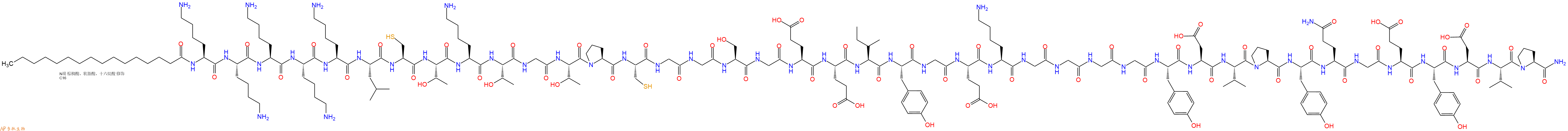 专肽生物产品Palmitoyl-Lys-Lys-Lys-Lys-Lys-Leu-Cys-Thr-Lys-Thr-Gly-Thr-Pro-Cys-Gly-Gly-Ser-Gly-Glu-Glu-Ile-Tyr-Gly-Glu-Lys-Gly-Gly-Gly-Gly-Tyr-Asp-Val-Pro-Tyr-Gln-Gly-Glu-Tyr-Asp-Val-Pro-CONH2