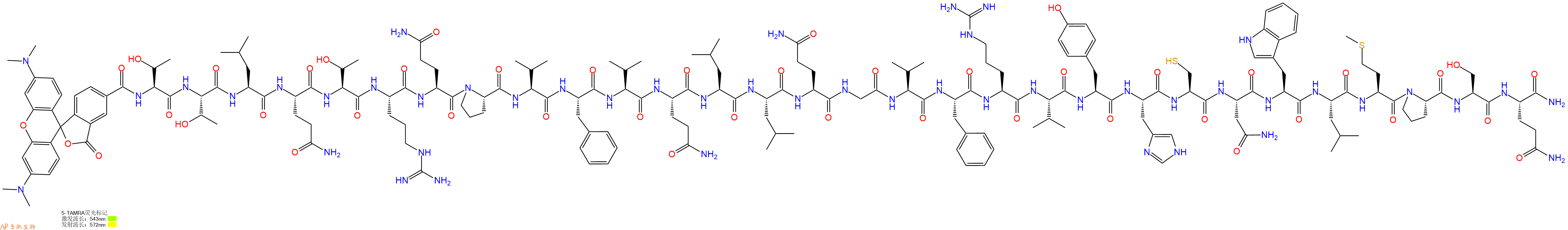 专肽生物产品5TAMRA-Thr-Thr-Leu-Gln-Thr-Arg-Gln-Pro-Val-Phe-Val-Gln-Leu-Leu-Gln-Gly-Val-Phe-Arg-Val-Tyr-His-Cys-Asn-Trp-Leu-Met-Pro-Ser-Gln-CONH2