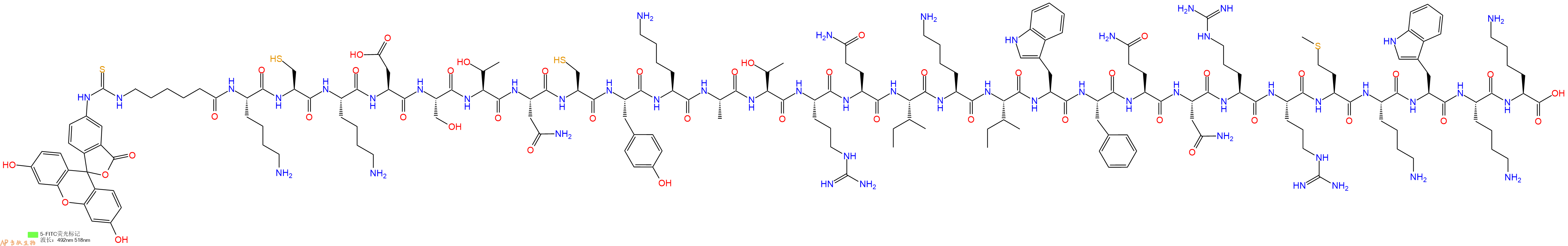 专肽生物产品5FITC-Ahx-Lys-Cys-Lys-Asp-Ser-Thr-Asn-Cys-Tyr-Lys-Ala-Thr-Arg-Gln-Ile-Lys-Ile-Trp-Phe-Gln-Asn-Arg-Arg-Met-Lys-Trp-Lys-Lys-OH