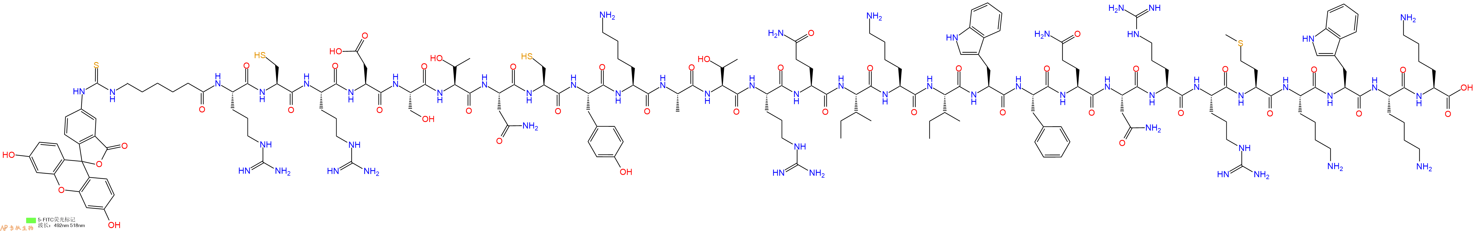 专肽生物产品5FITC-Ahx-Arg-Cys-Arg-Asp-Ser-Thr-Asn-Cys-Tyr-Lys-Ala-Thr-Arg-Gln-Ile-Lys-Ile-Trp-Phe-Gln-Asn-Arg-Arg-Met-Lys-Trp-Lys-Lys-OH