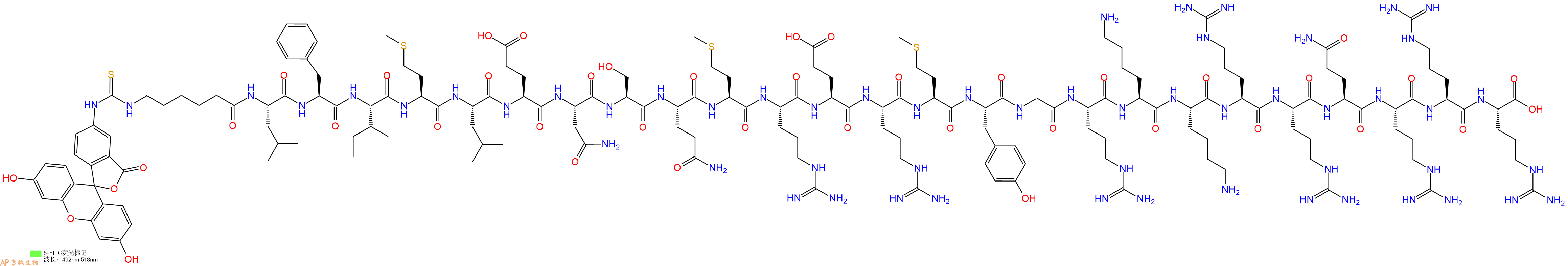 专肽生物产品5FITC-Ahx-Leu-Phe-Ile-Met-Leu-Glu-Asn-Ser-Gln-Met-Arg-Glu-Arg-Met-Tyr-Gly-Arg-Lys-Lys-Arg-Arg-Gln-Arg-Arg-Arg-OH