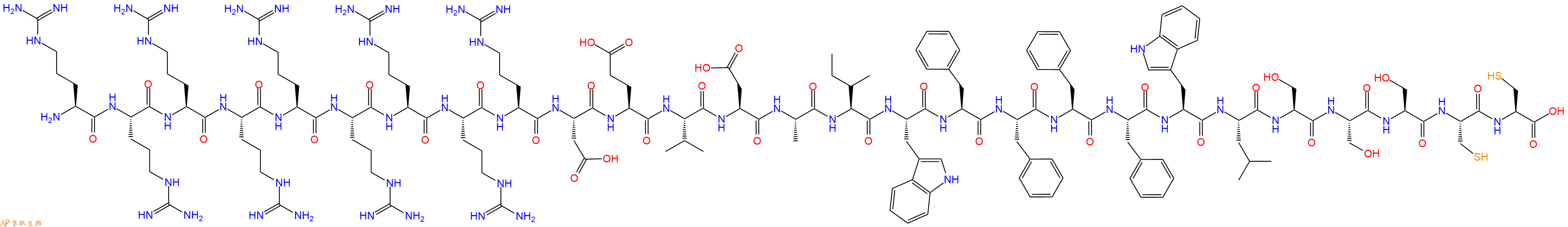 专肽生物产品H2N-Arg-Arg-Arg-Arg-Arg-Arg-Arg-Arg-Arg-Asp-Glu-Val-Asp-Ala-Ile-Trp-Phe-Phe-Phe-Phe-Trp-Leu-Ser-Ser-Ser-Cys-Cys-OH