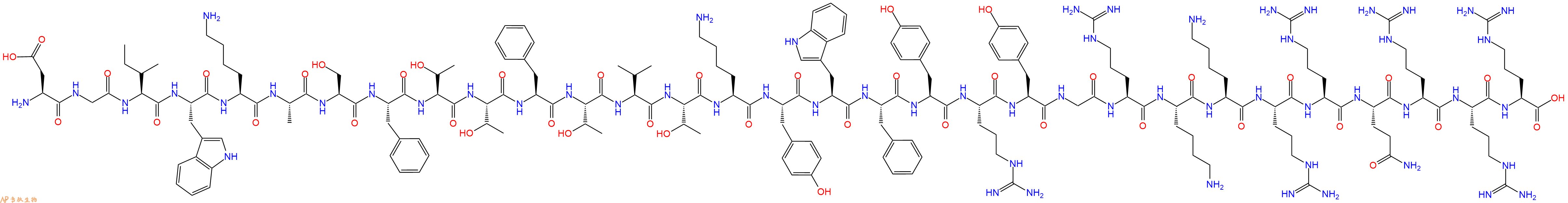 专肽生物产品H2N-Asp-Gly-Ile-Trp-Lys-Ala-Ser-Phe-Thr-Thr-Phe-Thr-Val-Thr-Lys-Tyr-Trp-Phe-Tyr-Arg-Tyr-Gly-Arg-Lys-Lys-Arg-Arg-Gln-Arg-Arg-Arg-OH