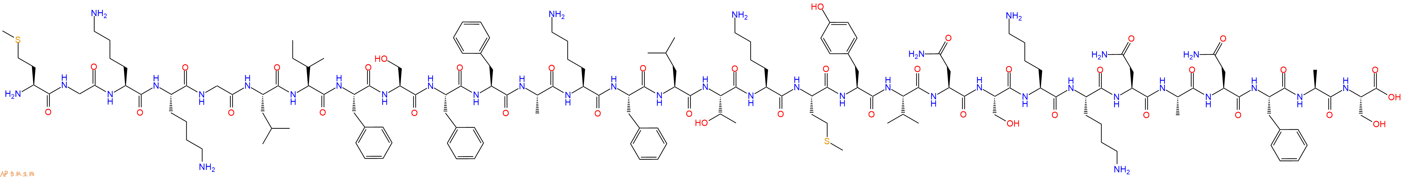 专肽生物产品H2N-Met-Gly-Lys-Lys-Gly-Leu-Ile-Phe-Ser-Phe-Phe-Ala-Lys-Phe-Leu-Thr-Lys-Met-Tyr-Val-Asn-Ser-Lys-Lys-Asn-Ala-Asn-Phe-Ala-Ser-OH