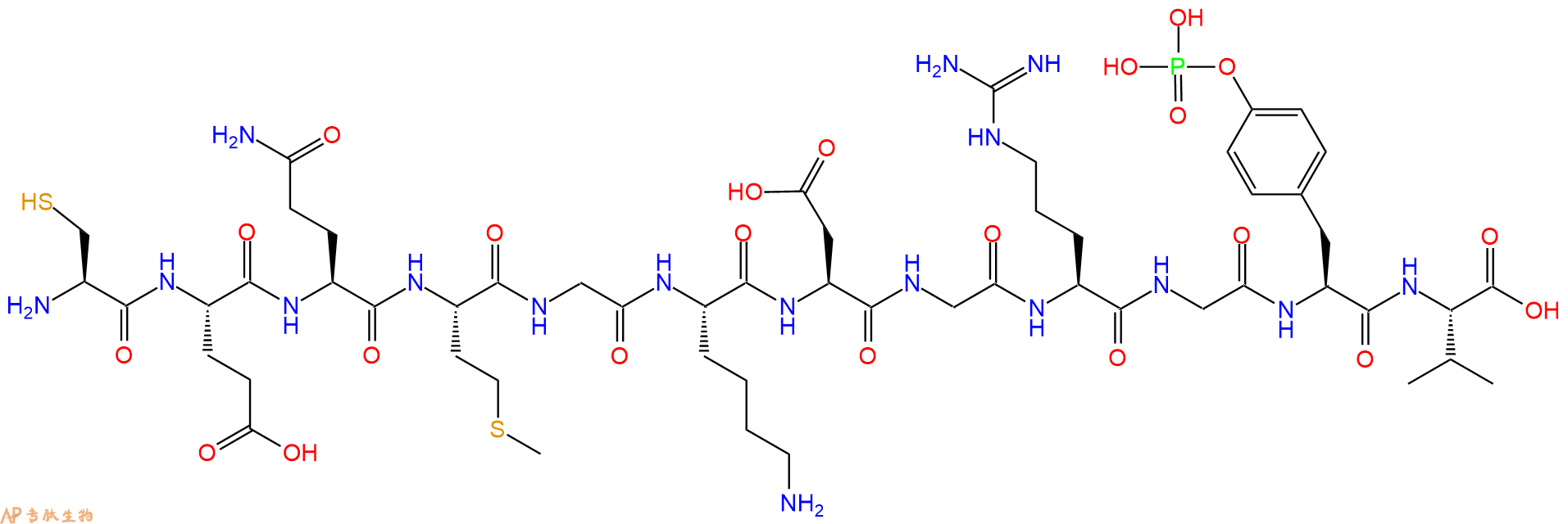 专肽生物产品H2N-Cys-Glu-Gln-Met-Gly-Lys-Asp-Gly-Arg-Gly-Tyr(PO3H2)-Val-OH