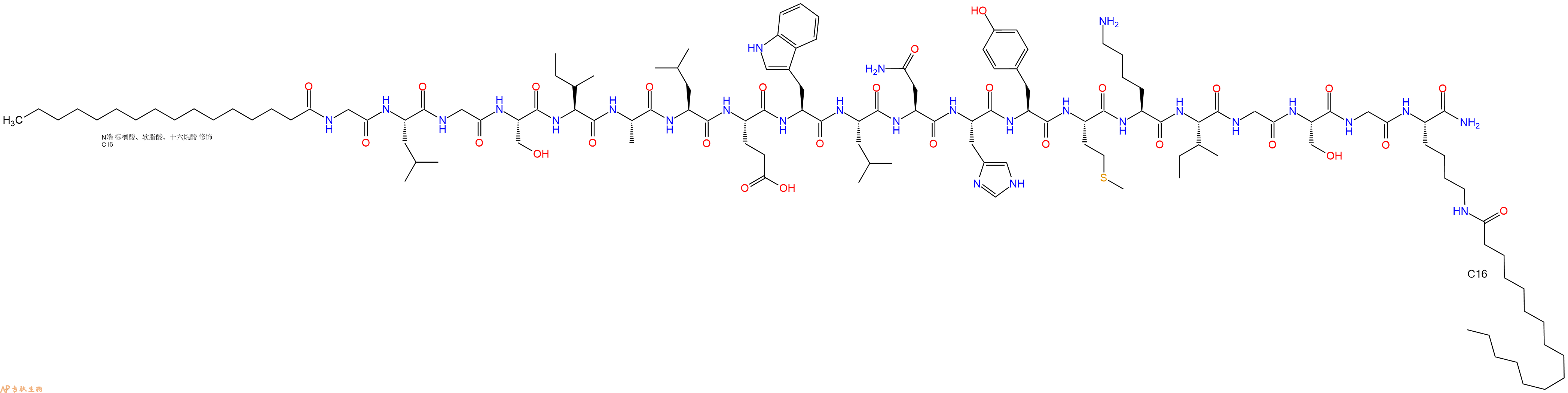 专肽生物产品Palmitoyl-Gly-Leu-Gly-Ser-Ile-Ala-Leu-Glu-Trp-Leu-Asn-His-Tyr-Met-Lys-Ile-Gly-Ser-Gly-Lys(C16)-CONH2