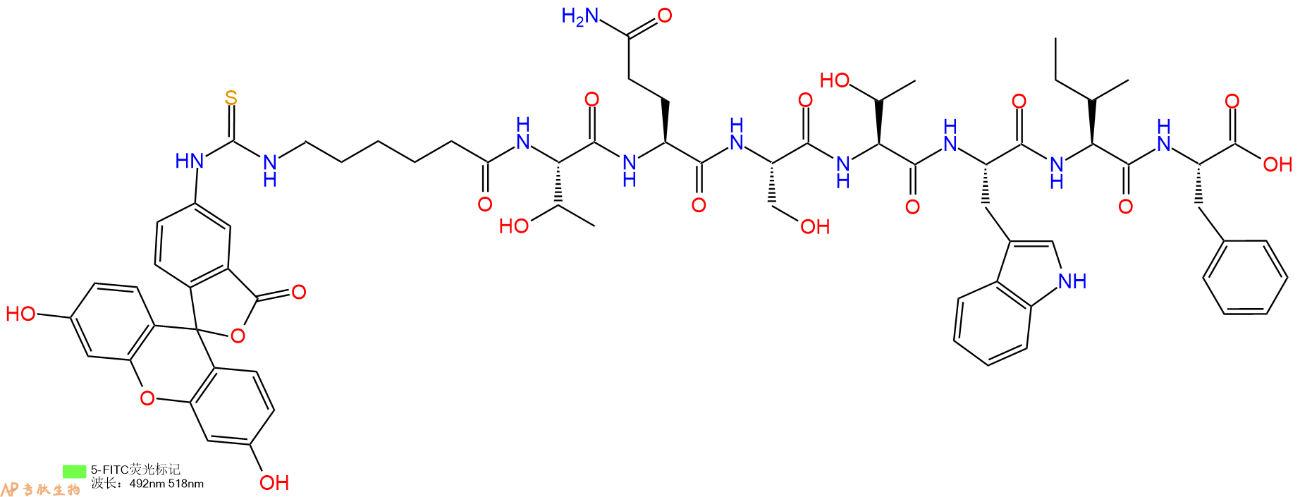专肽生物产品5FITC-Ahx-Thr-Gln-Ser-Thr-Trp-Ile-Phe-OH