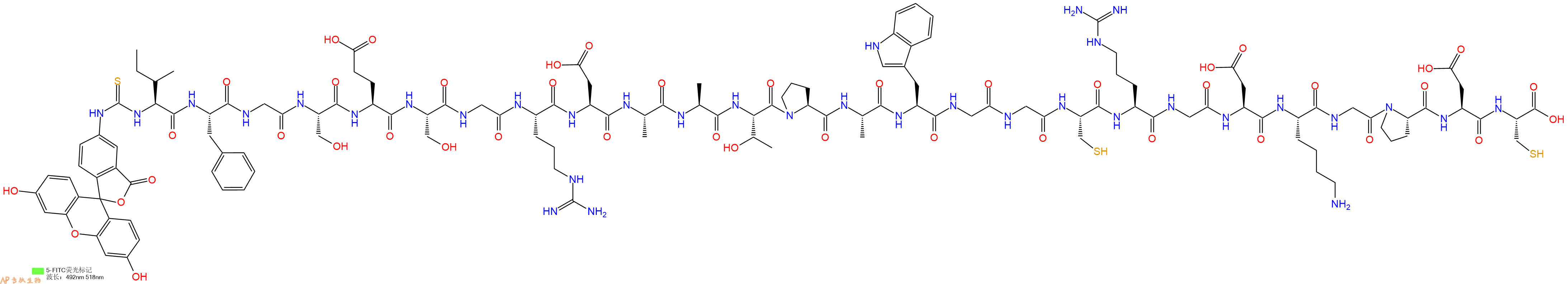 专肽生物产品5FITC-Ile-Phe-Gly-Ser-Glu-Ser-Gly-Arg-Asp-Ala-Ala-Thr-Pro-Ala-Trp-Gly-Gly-Cys-Arg-Gly-Asp-Lys-Gly-Pro-Asp-Cys-OH